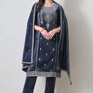 Winter Grey Zari Embroideredred Solid Velvet Kurta Set