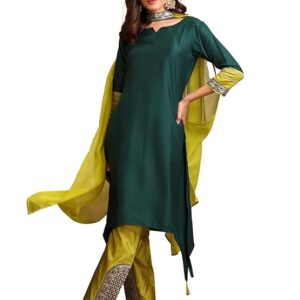 EthnicJunction Women's Cotton Silk Embroidered Asymmetric Kurta Pant with Choker Dupatta Set | Wedding Outfit | Heavy | Kurta Set | Ethnic Set